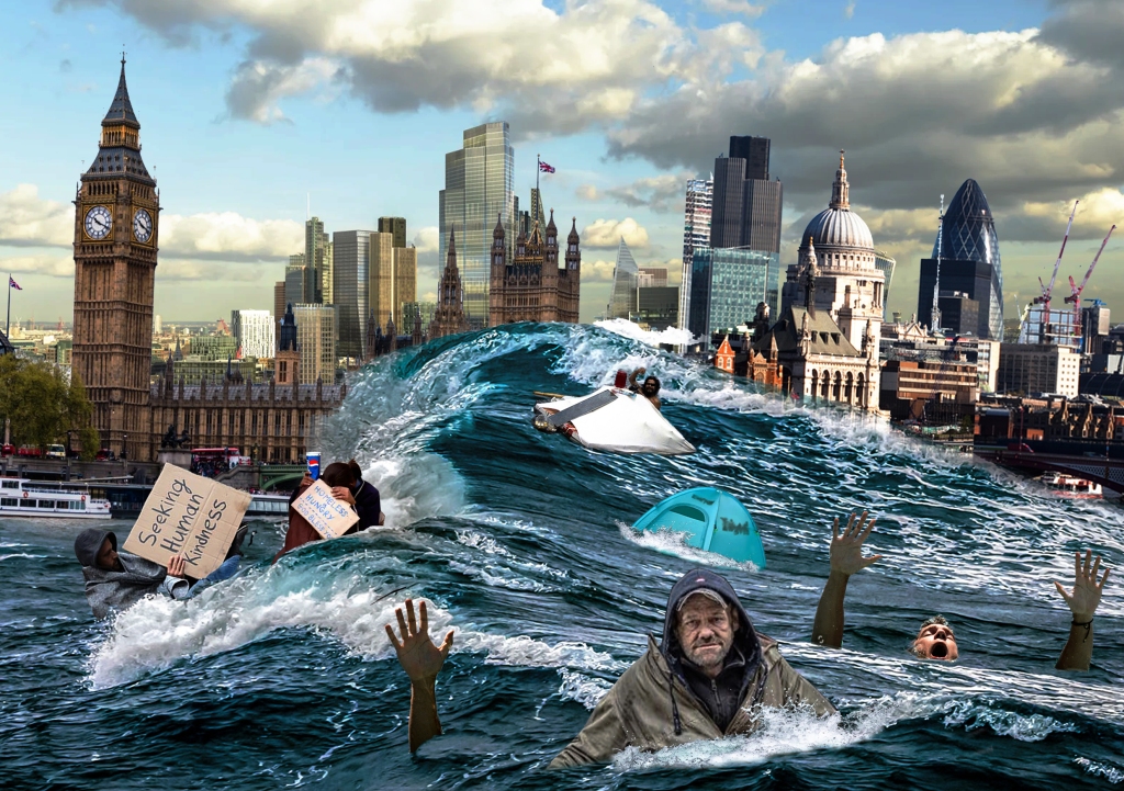 A tsunami washes away the homeless in London. A tidal wave drowning homeless people in front of famous London landmarks