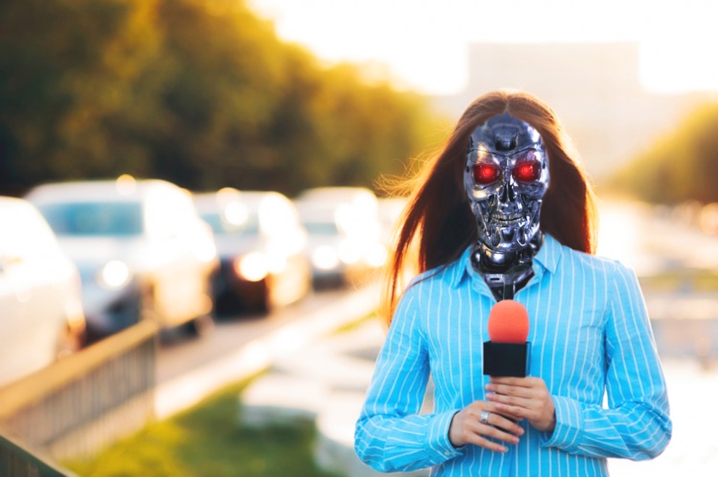 An AI journalist reporting the news. A humanoid robot pretending to be a reporter. A terminator journalist