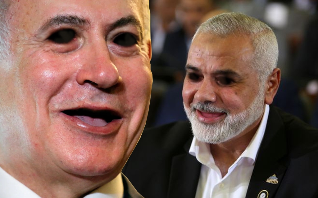 Benjamin Netanyahu and Ismail Haniyeh laughing with no eyes or teeth. The two leaders of Israel and Hamas